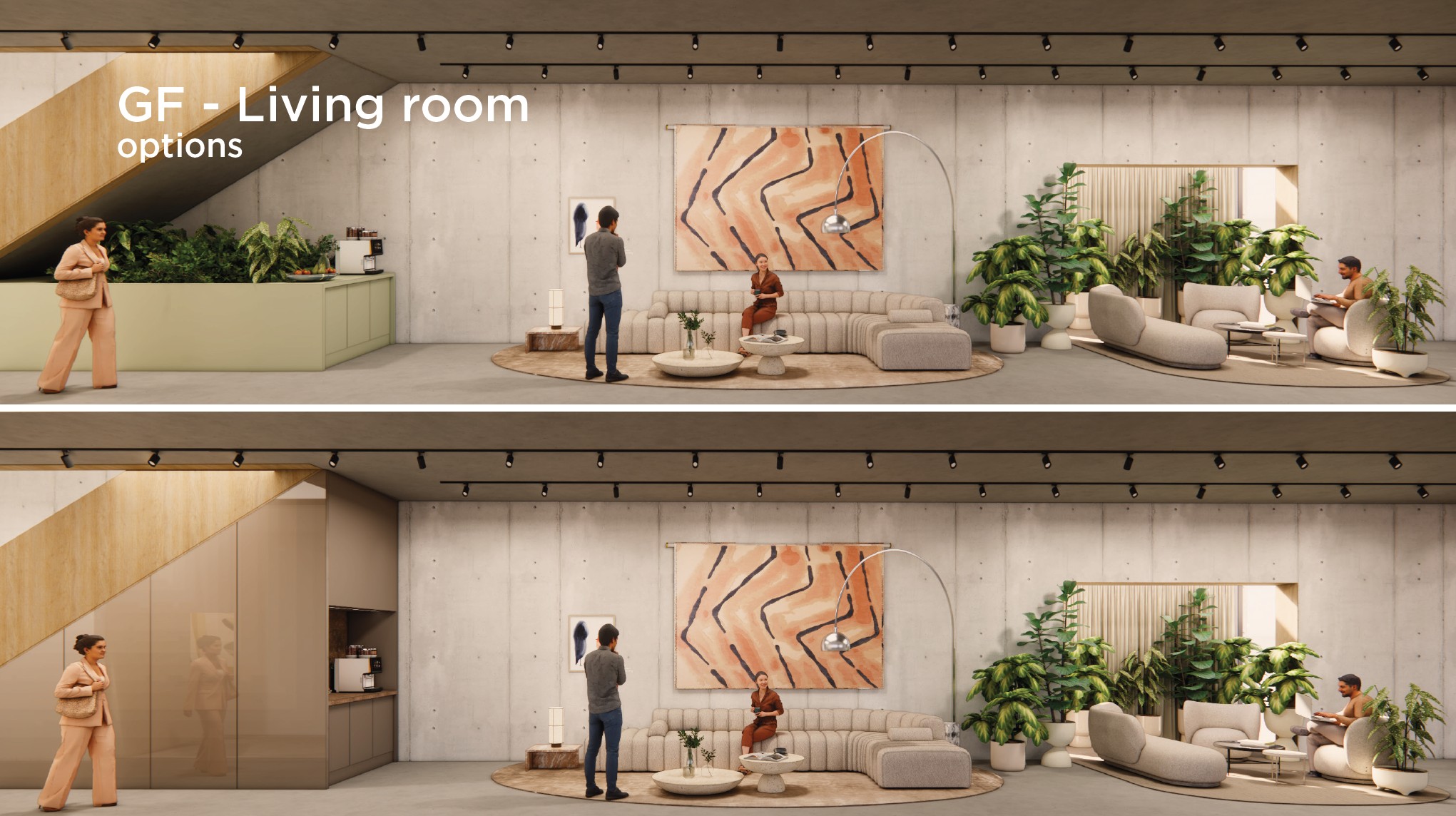 Twee interieurontwerpen van de woonkamer op de begane grond van Fred. Roeskestraat tonen variaties in trapafwerking en wandafwerking bij de koffienis.